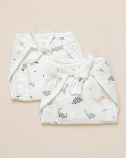 Twingle 100% Organic Muslin String Nappy-Soft Absorbent Terry Layer-Mess Free Design-Helps Control 1-2 Leaks-Double Loop for 2 Size Adjustment-Aerospace & Dino Print-Pack of 2