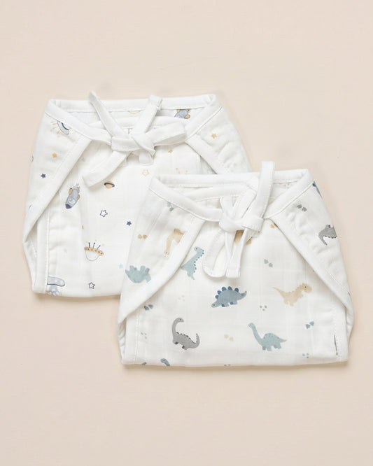 Twingle 100% Organic Muslin String Nappy-Soft Absorbent Terry Layer-Mess Free Design-Helps Control 1-2 Leaks-Double Loop for 2 Size Adjustment-Aerospace & Dino Print-Pack of 2