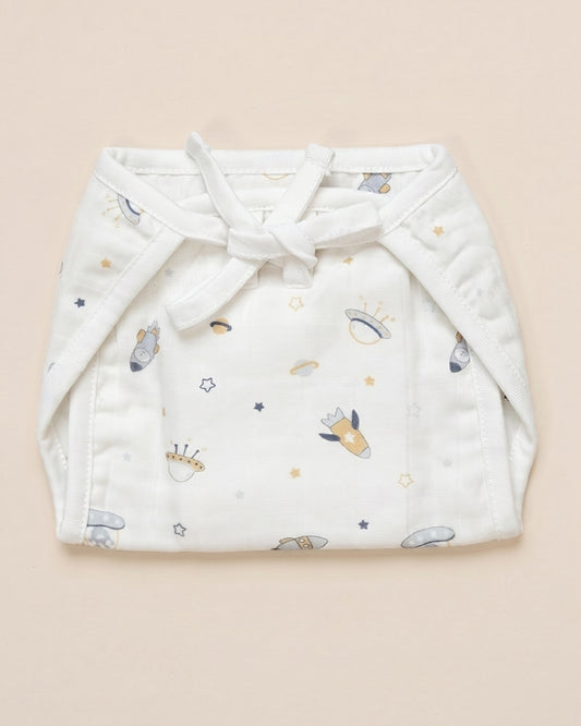 Twingle 100% Organic Muslin String Nappy-Soft Absorbent Terry Layer-Mess Free Design-Helps Control 1-2 Leaks-Double Loop for 2 Size Adjustment-Aerospace & Dino Print-Pack of 2