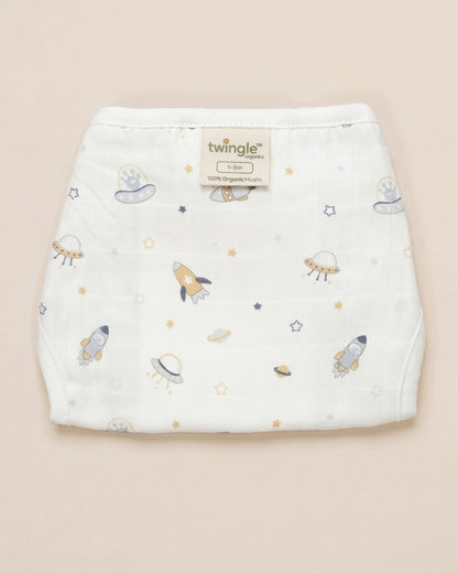 Twingle 100% Organic Muslin String Nappy-Soft Absorbent Terry Layer-Mess Free Design-Helps Control 1-2 Leaks-Double Loop for 2 Size Adjustment-Aerospace & Dino Print-Pack of 2