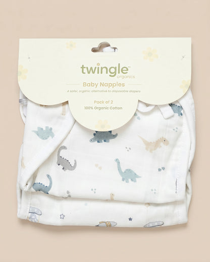 Twingle 100% Organic Muslin String Nappy-Soft Absorbent Terry Layer-Mess Free Design-Helps Control 1-2 Leaks-Double Loop for 2 Size Adjustment-Aerospace & Dino Print-Pack of 2