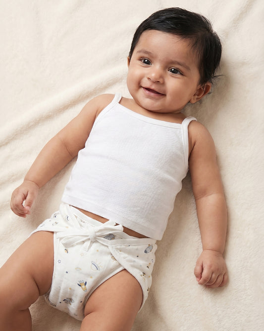Twingle 100% Organic Muslin String Nappy-Soft Absorbent Terry Layer-Mess Free Design-Helps Control 1-2 Leaks-Double Loop for 2 Size Adjustment-Aerospace & Dino Print-Pack of 2