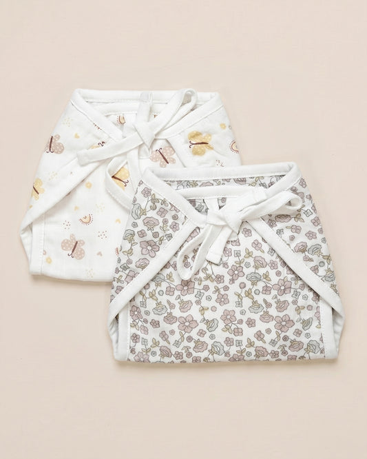 Twingle 100% Organic Muslin String Nappy-Soft Absorbent Terry Layer-Mess Free Design-Helps Control 1-2 Leaks-Double Loop for 2 Size Adjustment-Lavender & Butterfly Print-Pack of 2