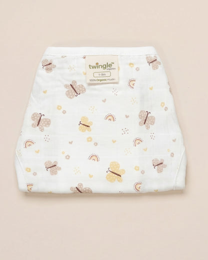 Twingle 100% Organic Muslin String Nappy-Soft Absorbent Terry Layer-Mess Free Design-Helps Control 1-2 Leaks-Double Loop for 2 Size Adjustment-Lavender & Butterfly Print-Pack of 2