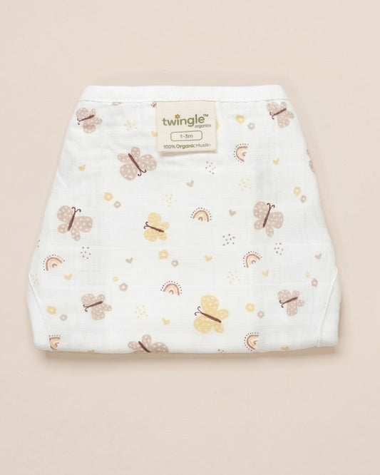 Twingle 100% Organic Muslin String Nappy-Soft Absorbent Terry Layer-Mess Free Design-Helps Control 1-2 Leaks-Double Loop for 2 Size Adjustment-Lavender & Butterfly Print-Pack of 2