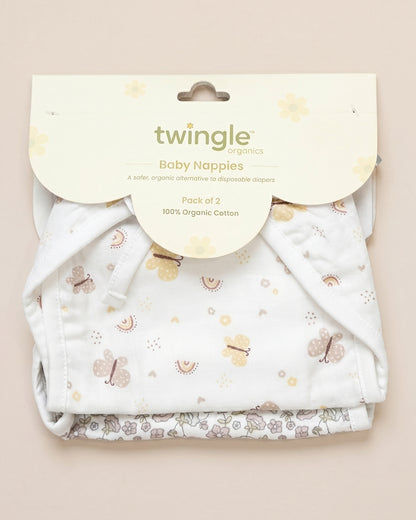 Twingle 100% Organic Muslin String Nappy-Soft Absorbent Terry Layer-Mess Free Design-Helps Control 1-2 Leaks-Double Loop for 2 Size Adjustment-Lavender & Butterfly Print-Pack of 2
