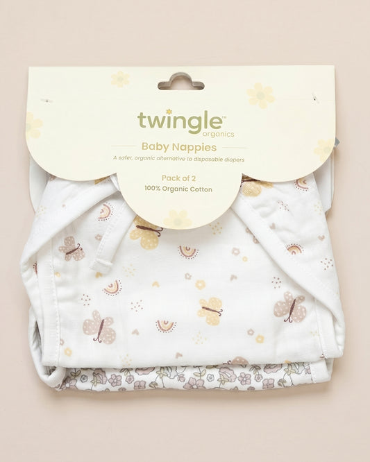 Twingle 100% Organic Muslin String Nappy-Soft Absorbent Terry Layer-Mess Free Design-Helps Control 1-2 Leaks-Double Loop for 2 Size Adjustment-Lavender & Butterfly Print-Pack of 2
