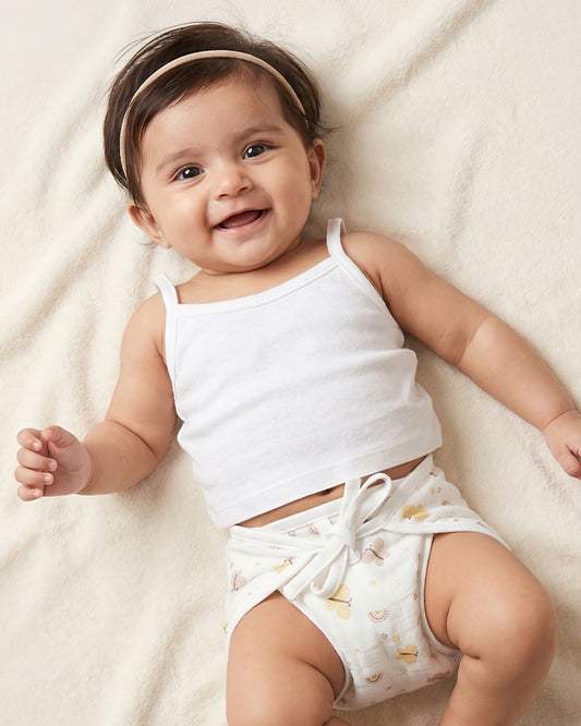 Twingle 100% Organic Muslin String Nappy-Soft Absorbent Terry Layer-Mess Free Design-Helps Control 1-2 Leaks-Double Loop for 2 Size Adjustment-Lavender & Butterfly Print-Pack of 2
