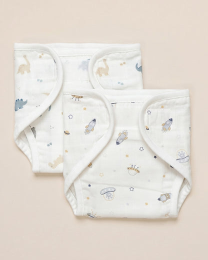 Twingle 100% Organic Muslin Velcro Nappy-Soft Absorbent Terry Layer-Mess Free Design-Helps Control 1-2 Leaks-Adjustable Velcro Fit-Aerospace & Dino Print-Pack of 2