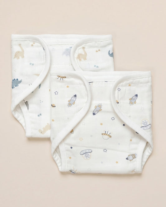 Twingle 100% Organic Muslin Velcro Nappy-Soft Absorbent Terry Layer-Mess Free Design-Helps Control 1-2 Leaks-Adjustable Velcro Fit-Aerospace & Dino Print-Pack of 2