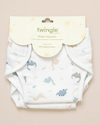Twingle 100% Organic Muslin Velcro Nappy-Soft Absorbent Terry Layer-Mess Free Design-Helps Control 1-2 Leaks-Adjustable Velcro Fit-Aerospace & Dino Print-Pack of 2