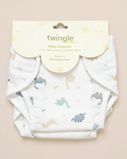 Twingle 100% Organic Muslin Velcro Nappy-Soft Absorbent Terry Layer-Mess Free Design-Helps Control 1-2 Leaks-Adjustable Velcro Fit-Aerospace & Dino Print-Pack of 2