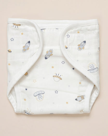 Twingle 100% Organic Muslin Velcro Nappy-Soft Absorbent Terry Layer-Mess Free Design-Helps Control 1-2 Leaks-Adjustable Velcro Fit-Aerospace & Dino Print-Pack of 2