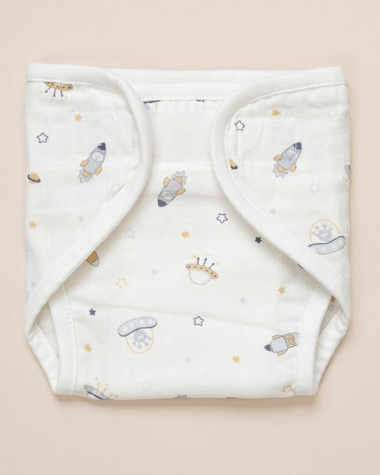 Twingle 100% Organic Muslin Velcro Nappy-Soft Absorbent Terry Layer-Mess Free Design-Helps Control 1-2 Leaks-Adjustable Velcro Fit-Aerospace & Dino Print-Pack of 2