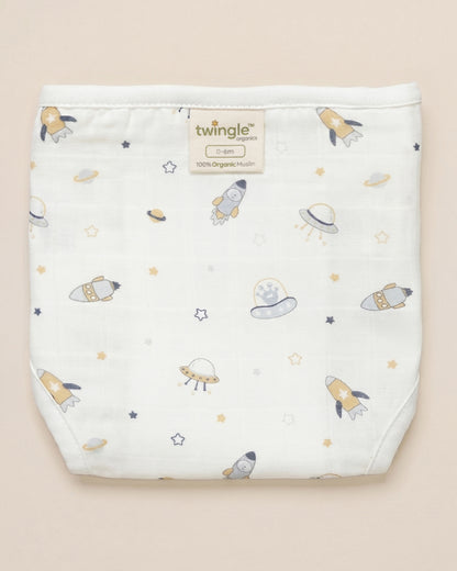 Twingle 100% Organic Muslin Velcro Nappy-Soft Absorbent Terry Layer-Mess Free Design-Helps Control 1-2 Leaks-Adjustable Velcro Fit-Aerospace & Dino Print-Pack of 2