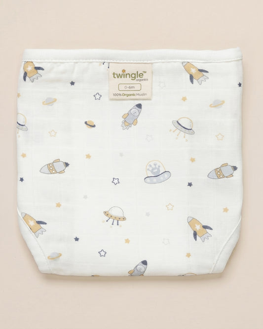 Twingle 100% Organic Muslin Velcro Nappy-Soft Absorbent Terry Layer-Mess Free Design-Helps Control 1-2 Leaks-Adjustable Velcro Fit-Aerospace & Dino Print-Pack of 2