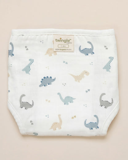 Twingle 100% Organic Muslin Velcro Nappy-Soft Absorbent Terry Layer-Mess Free Design-Helps Control 1-2 Leaks-Adjustable Velcro Fit-Aerospace & Dino Print-Pack of 2