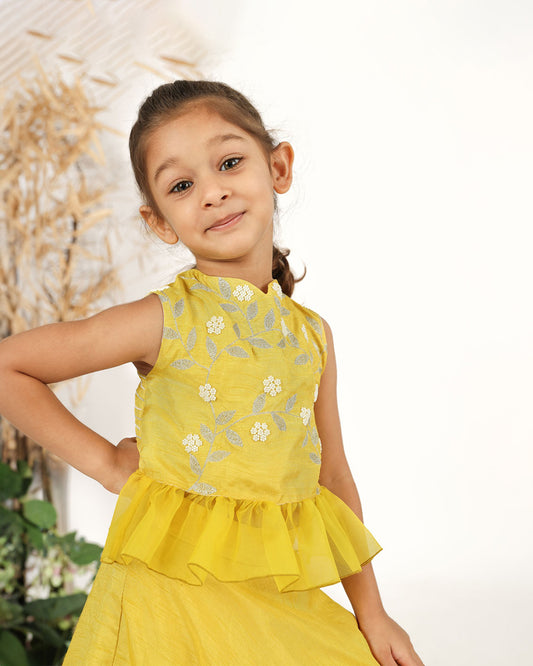 La Dee Da Yellow Lehenga Choli-Embroidered-Silk Blend-For Infants