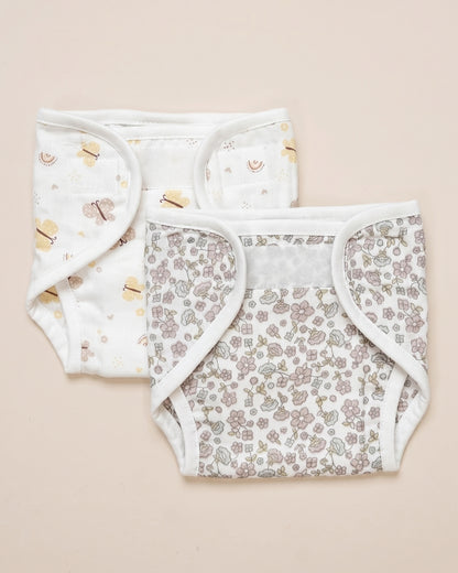 Twingle 100% Organic Muslin Velcro Nappy-Soft Absorbent Terry Layer-Mess Free Design-Helps Control 1-2 Leaks-Adjustable Velcro Fit-Lavender & Butterfly Print-Pack of 2