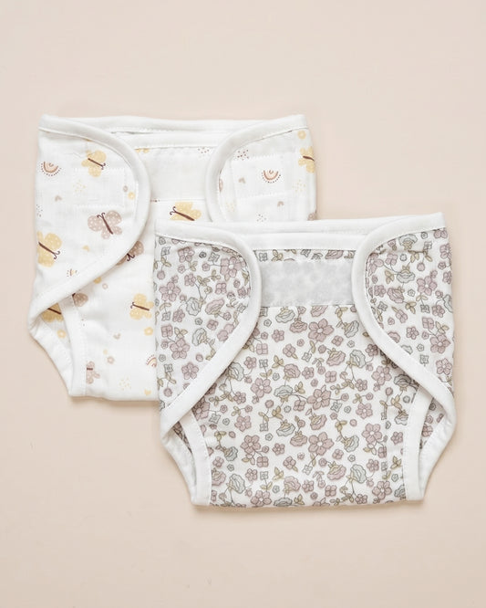 Twingle 100% Organic Muslin Velcro Nappy-Soft Absorbent Terry Layer-Mess Free Design-Helps Control 1-2 Leaks-Adjustable Velcro Fit-Lavender & Butterfly Print-Pack of 2