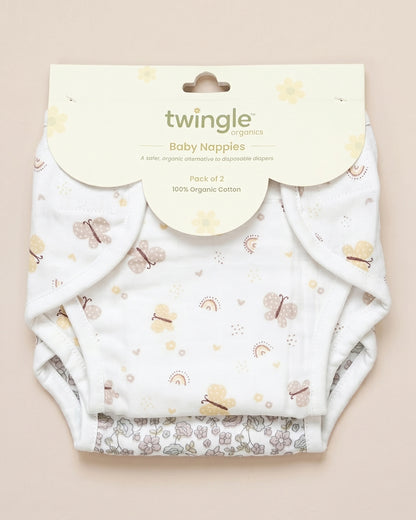 Twingle 100% Organic Muslin Velcro Nappy-Soft Absorbent Terry Layer-Mess Free Design-Helps Control 1-2 Leaks-Adjustable Velcro Fit-Lavender & Butterfly Print-Pack of 2