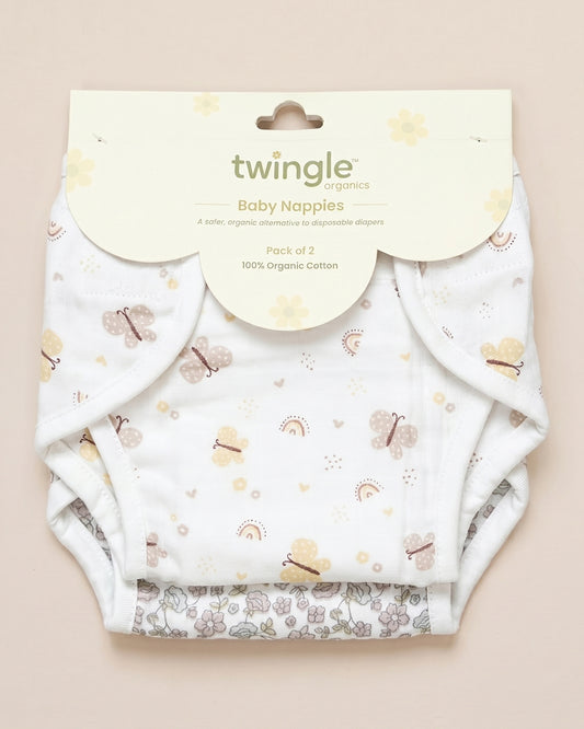 Twingle 100% Organic Muslin Velcro Nappy-Soft Absorbent Terry Layer-Mess Free Design-Helps Control 1-2 Leaks-Adjustable Velcro Fit-Lavender & Butterfly Print-Pack of 2