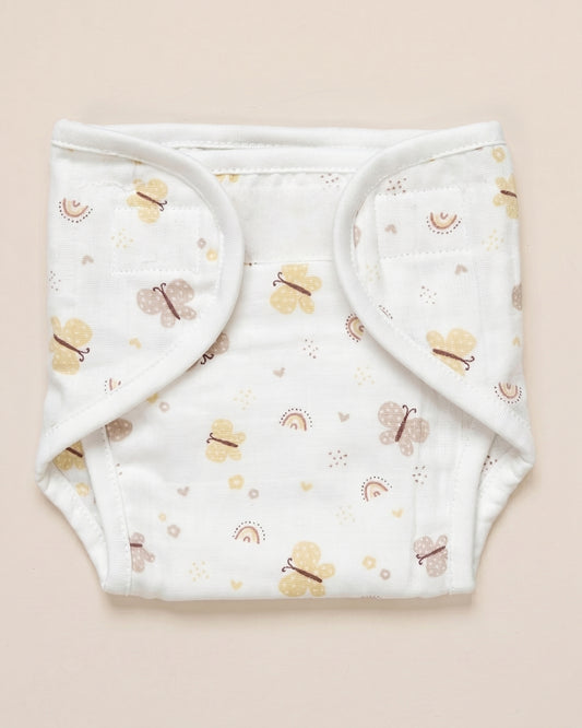 Twingle 100% Organic Muslin Velcro Nappy-Soft Absorbent Terry Layer-Mess Free Design-Helps Control 1-2 Leaks-Adjustable Velcro Fit-Lavender & Butterfly Print-Pack of 2