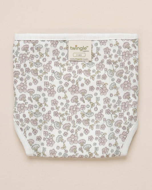 Twingle 100% Organic Muslin Velcro Nappy-Soft Absorbent Terry Layer-Mess Free Design-Helps Control 1-2 Leaks-Adjustable Velcro Fit-Lavender & Butterfly Print-Pack of 2