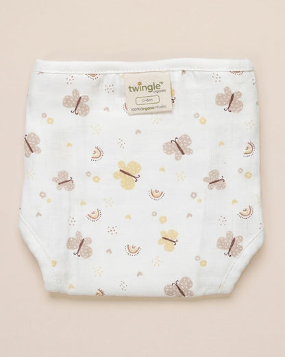 Twingle 100% Organic Muslin Velcro Nappy-Soft Absorbent Terry Layer-Mess Free Design-Helps Control 1-2 Leaks-Adjustable Velcro Fit-Lavender & Butterfly Print-Pack of 2