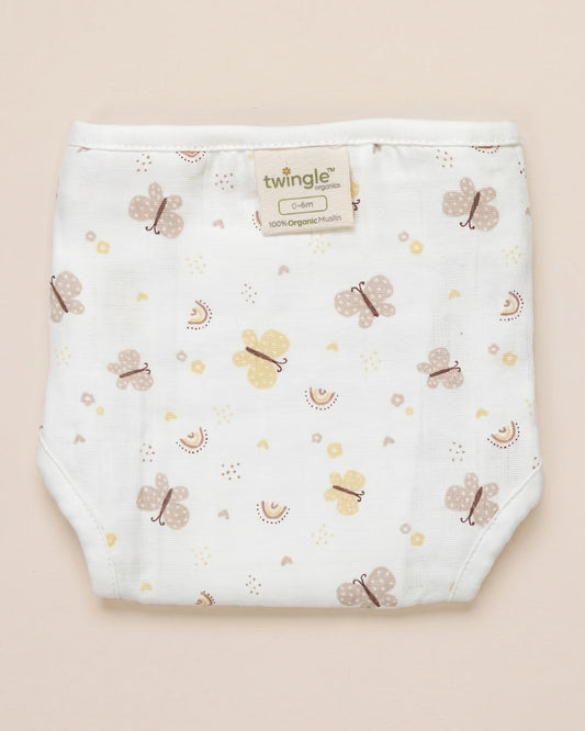 Twingle 100% Organic Muslin Velcro Nappy-Soft Absorbent Terry Layer-Mess Free Design-Helps Control 1-2 Leaks-Adjustable Velcro Fit-Lavender & Butterfly Print-Pack of 2