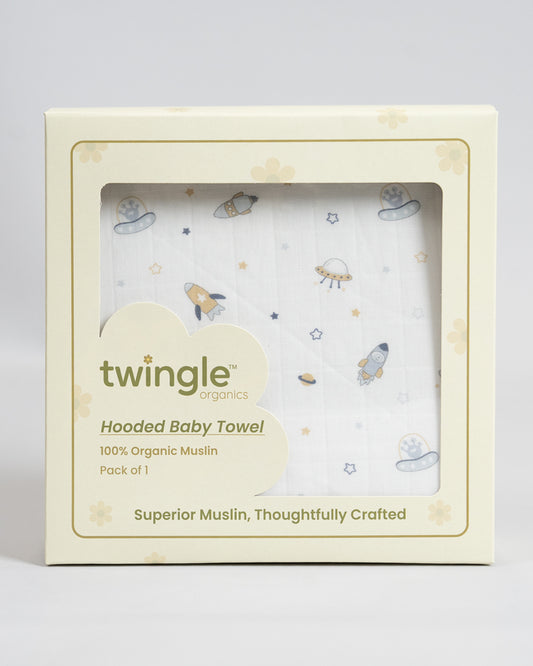 Twingle 100% Organic Muslin Baby Hooded Towel-Prevent Post Bath Chills-Ideal Coverage for Babies-Absorbs Moisture Quickly without Harsh Rubbing-Softens with Every Wash-Aerospace-White-For Infants