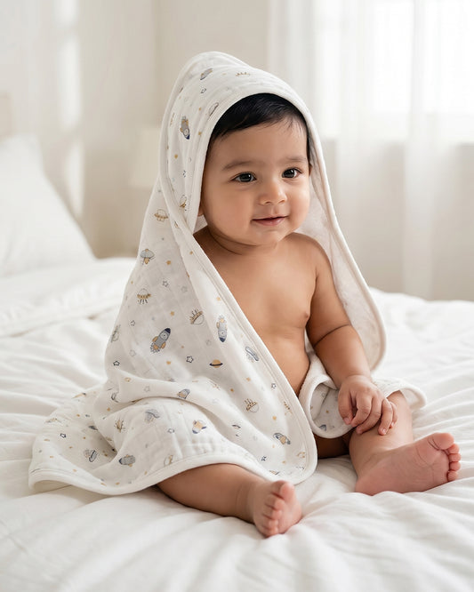 Twingle 100% Organic Muslin Baby Hooded Towel-Prevent Post Bath Chills-Ideal Coverage for Babies-Absorbs Moisture Quickly without Harsh Rubbing-Softens with Every Wash-Aerospace-White-For Infants