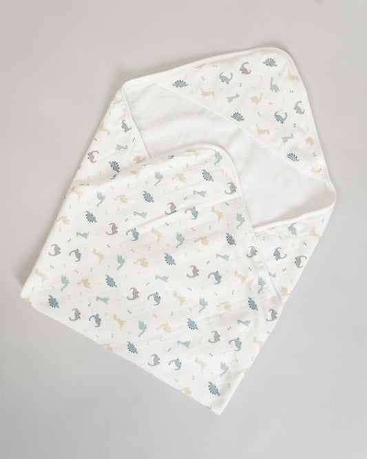 Twingle 100% Organic Muslin Baby Hooded Towel-Prevent Post Bath Chills-Ideal Coverage for Babies-Absorbs Moisture Quickly without Harsh Rubbing-Softens with Every Wash-Dino-White-For Infants