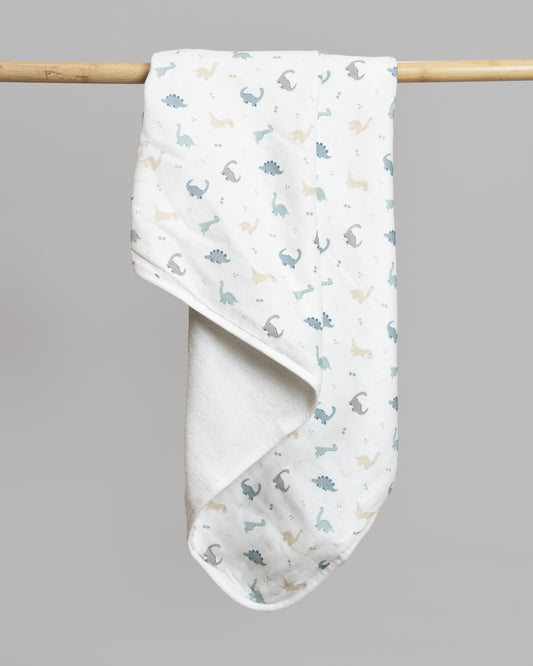 Twingle 100% Organic Muslin Baby Hooded Towel-Prevent Post Bath Chills-Ideal Coverage for Babies-Absorbs Moisture Quickly without Harsh Rubbing-Softens with Every Wash-Dino-White-For Infants
