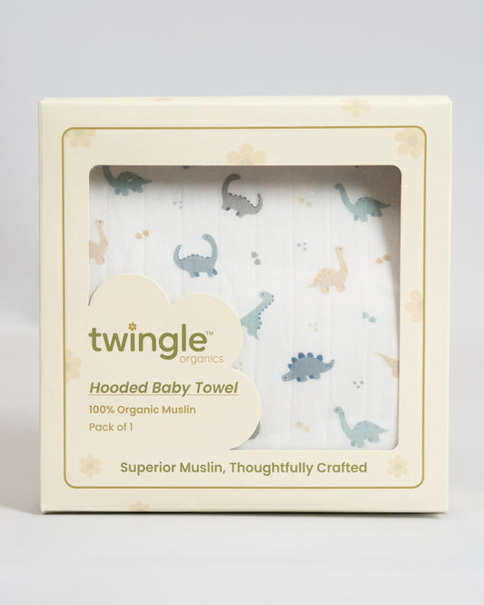 Twingle 100% Organic Muslin Baby Hooded Towel-Prevent Post Bath Chills-Ideal Coverage for Babies-Absorbs Moisture Quickly without Harsh Rubbing-Softens with Every Wash-Dino-White-For Infants