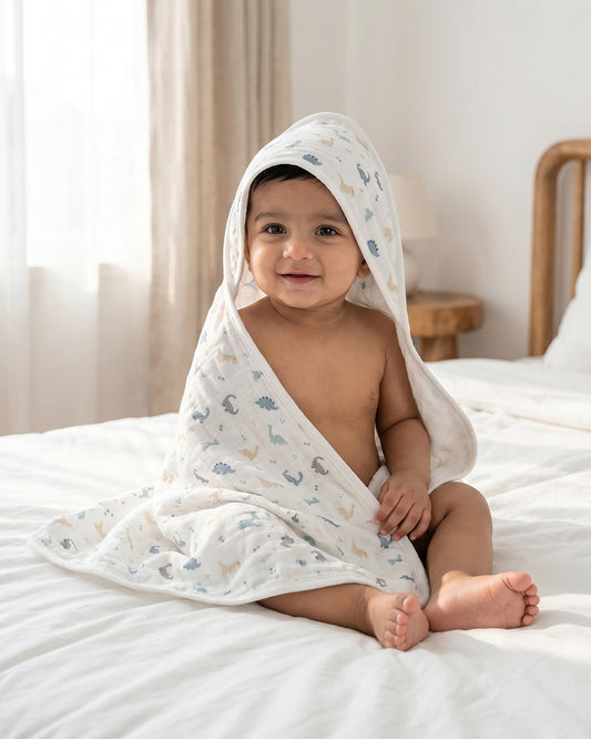Twingle 100% Organic Muslin Baby Hooded Towel-Prevent Post Bath Chills-Ideal Coverage for Babies-Absorbs Moisture Quickly without Harsh Rubbing-Softens with Every Wash-Dino-White-For Infants
