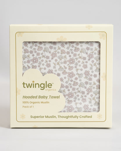 Twingle 100% Organic Muslin Baby Hooded Towel-Prevent Post Bath Chills-Ideal Coverage for Babies-Absorbs Moisture Quickly without Harsh Rubbing-Softens with Every Wash-Lavender Ditsy-White-For Infants