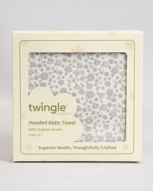 Twingle 100% Organic Muslin Baby Hooded Towel-Prevent Post Bath Chills-Ideal Coverage for Babies-Absorbs Moisture Quickly without Harsh Rubbing-Softens with Every Wash-Lavender Ditsy-White-For Infants