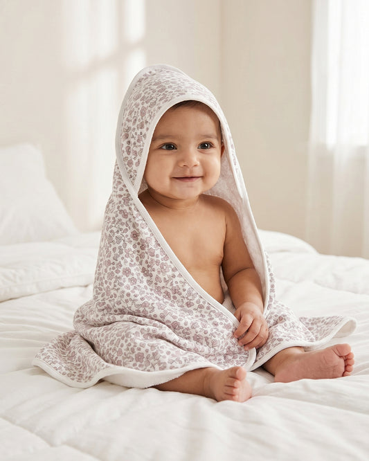 Twingle 100% Organic Muslin Baby Hooded Towel-Prevent Post Bath Chills-Ideal Coverage for Babies-Absorbs Moisture Quickly without Harsh Rubbing-Softens with Every Wash-Lavender Ditsy-White-For Infants