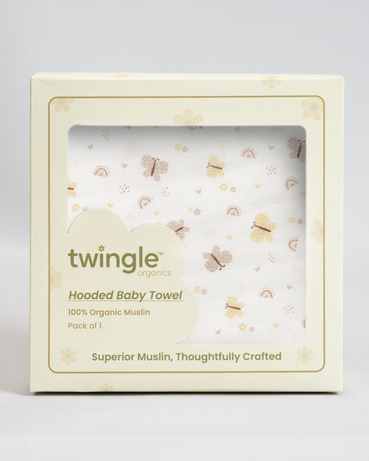 Twingle 100% Organic Muslin Baby Hooded Towel-Prevent Post Bath Chills-Ideal Coverage for Babies-Absorbs Moisture Quickly without Harsh Rubbing-Softens with Every Wash-Butterfly-White-For Infants