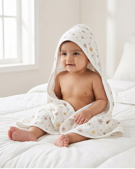 Twingle 100% Organic Muslin Baby Hooded Towel-Prevent Post Bath Chills-Ideal Coverage for Babies-Absorbs Moisture Quickly without Harsh Rubbing-Softens with Every Wash-Butterfly-White-For Infants