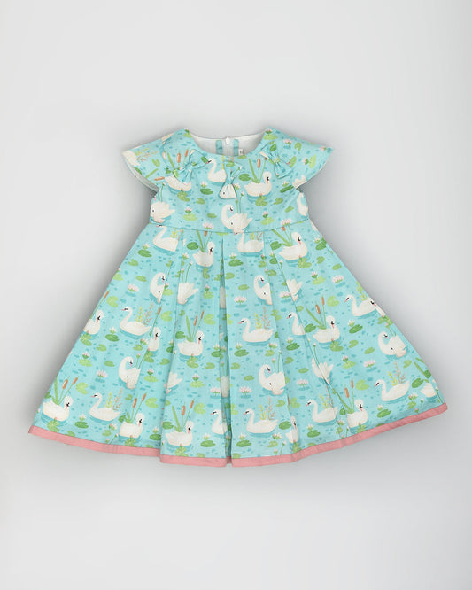 La Dee Da Green Frock Dress-Printed-Flared-Cotton-For Infants