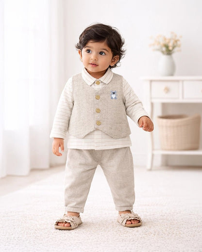 Mi Arcus White & Light Grey 3 Pc Suit-Striped-100% Cotton-For Infants