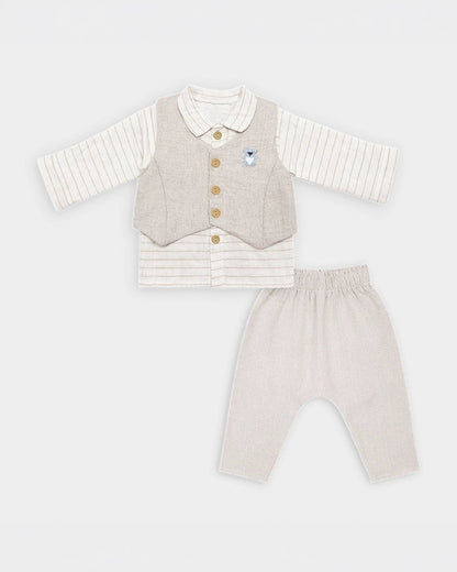 Mi Arcus White & Light Grey 3 Pc Suit-Striped-100% Cotton-For Infants