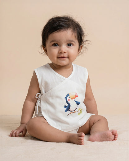 Twingle 100% Organic Cotton Jhabla-Kimono Opening for Easy Dressing-Tiki Toucan-White-For Infants