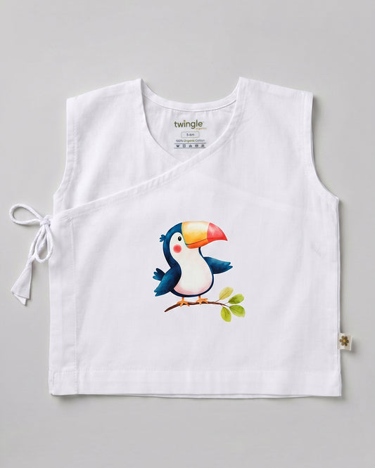 Twingle 100% Organic Cotton Jhabla-Kimono Opening for Easy Dressing-Tiki Toucan-White-For Infants