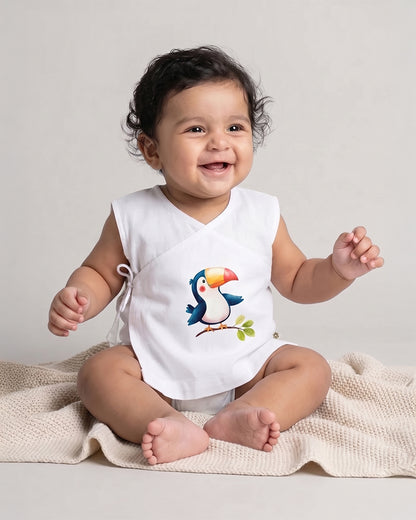 Twingle 100% Organic Cotton Jhabla-Kimono Opening for Easy Dressing-Tiki Toucan-White-For Infants