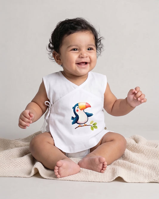 Twingle 100% Organic Cotton Jhabla-Kimono Opening for Easy Dressing-Tiki Toucan-White-For Infants