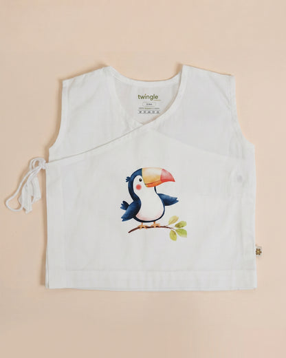 Twingle 100% Organic Cotton Jhabla-Kimono Opening for Easy Dressing-Tiki Toucan-White-For Infants