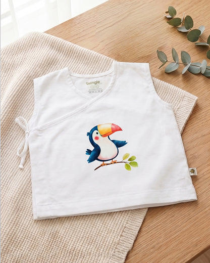 Twingle 100% Organic Cotton Jhabla-Kimono Opening for Easy Dressing-Tiki Toucan-White-For Infants